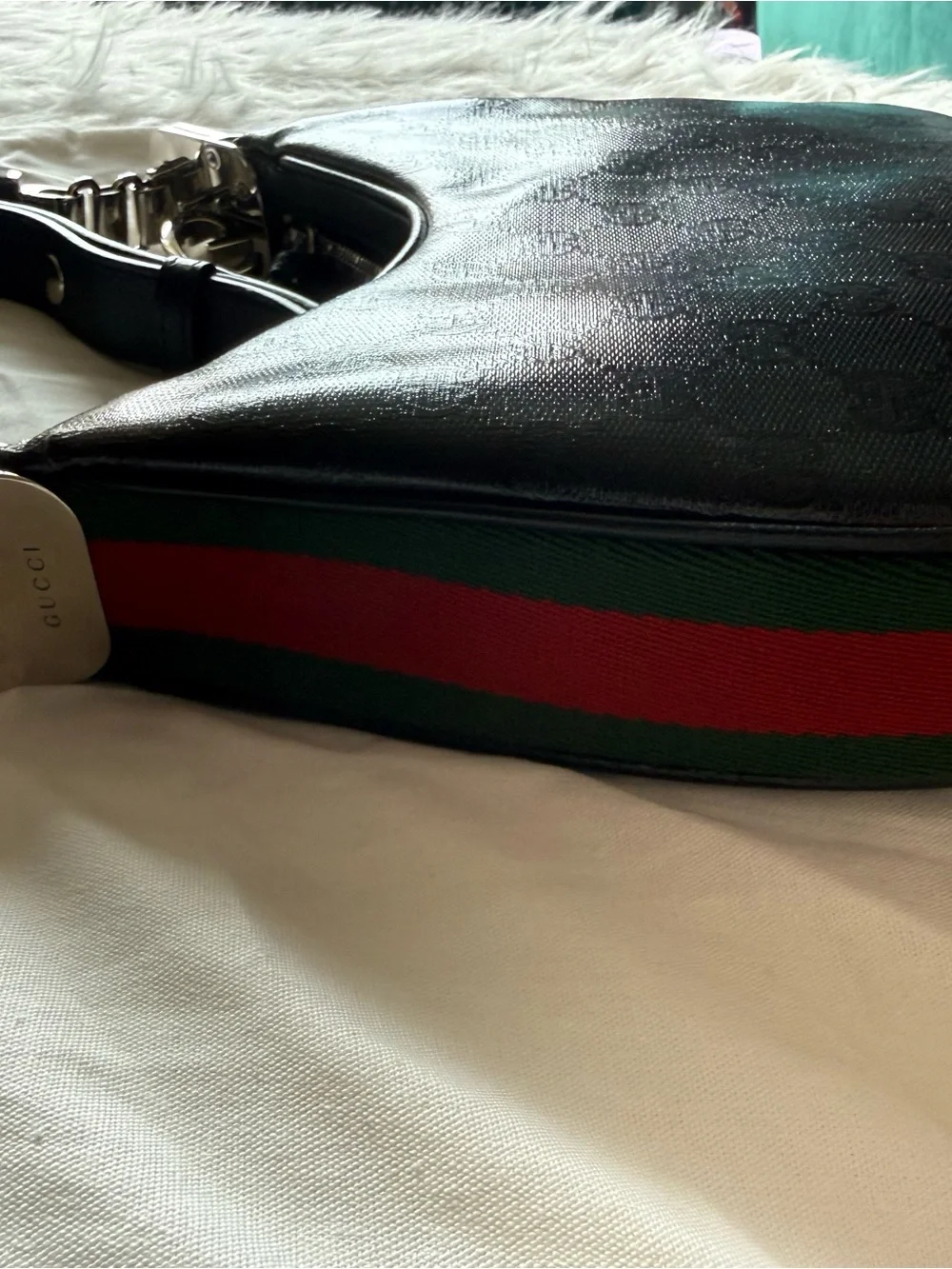 Gucci Black GG Monogram Crescent Shoulder Bag with Red-Blue Web Strap